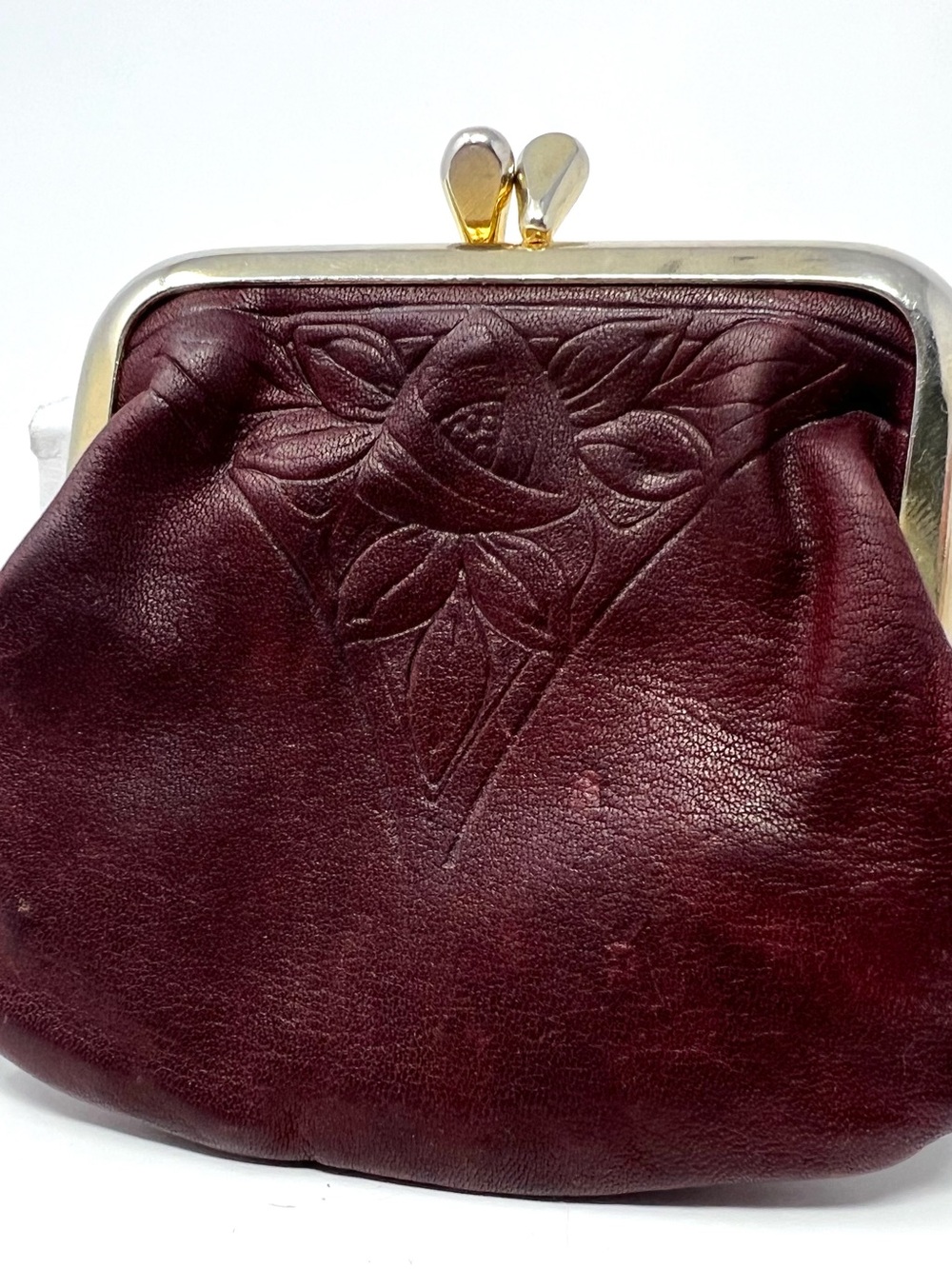 Vintage ROLFS Oxblood Burgundy Leather Coin Purse Kiss Lock Tooled Rose Boho